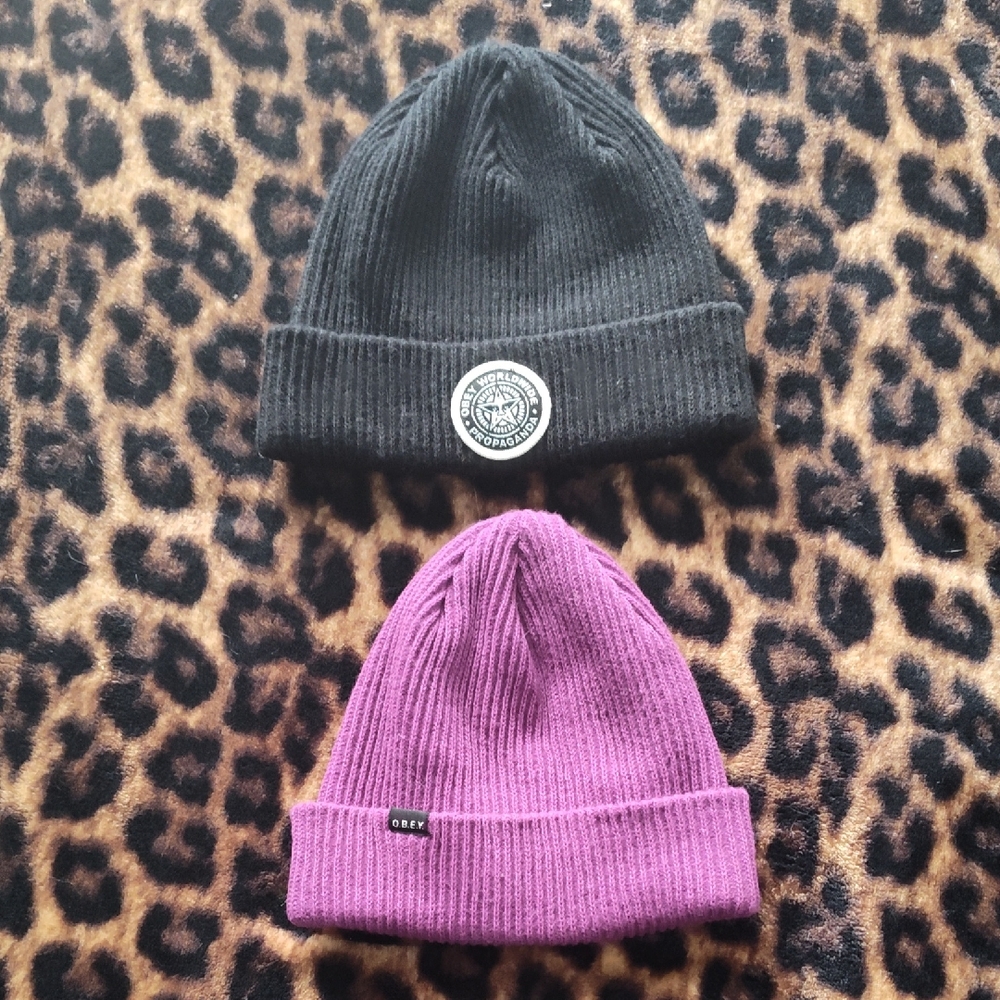 Obey Black and Purple Beanie Duo
